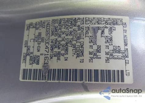 2003 Nissan Frontier Xe z USA, uszkodzony, nr VIN 1N6DD26T53C471631